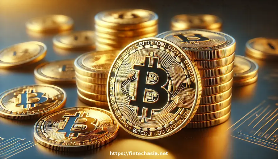 A pile of gold coins with a Bitcoin symbol, detailed and shiny, capturing the essence of digital cryptocurrency. The coins should be arranged in a visually appealing manner with some coins stacked and others scattered. Ensure the text 'https://fintechasia.net' is clear, sharp, and prominently displayed in a modern, tech-inspired font at the bottom of the image. Enhance the lighting and reflections on the coins to make them look more realistic and attractive.