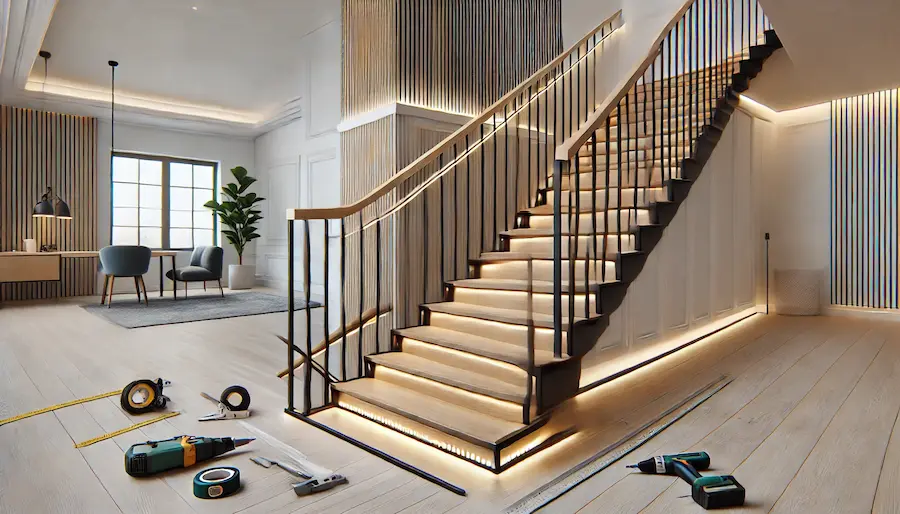 A well-designed DIY stair railing in a modern home. The railing is made of a combination of wood and metal, with sleek wooden handrails and black metal balusters. The staircase is well-lit with LED strip lights under the handrail, highlighting the craftsmanship and elegance. The background shows a clean, minimalist interior with light-colored walls and wooden flooring, enhancing the overall aesthetic. Include tools like a drill, saw, and measuring tape nearby to emphasize the DIY aspect.
