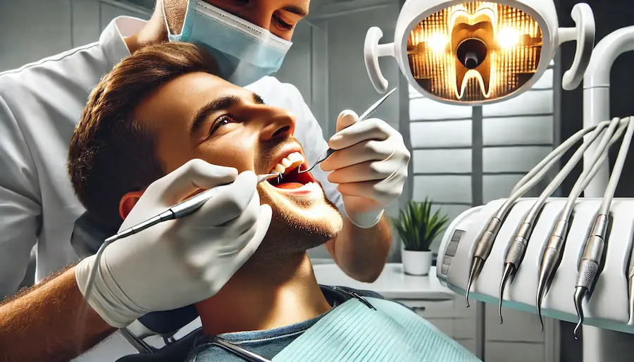 A high-quality image of a dentist performing a root canal on a front tooth. The patient is comfortably seated in a modern dental chair, with the dentist wearing protective gear and using advanced dental tools. The focus is on the front tooth, showing the precise cleaning and treatment process. The background features a clean, well-equipped dental clinic with bright lighting and various dental instruments neatly arranged. The overall atmosphere is professional and reassuring.