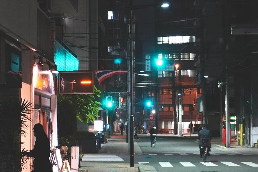 Bright neon signs on a rainy Tokyo street at night