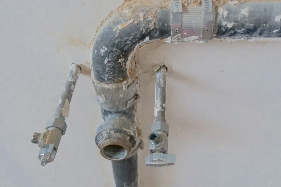 Plumber checking water pipe joints under a kitchen sink