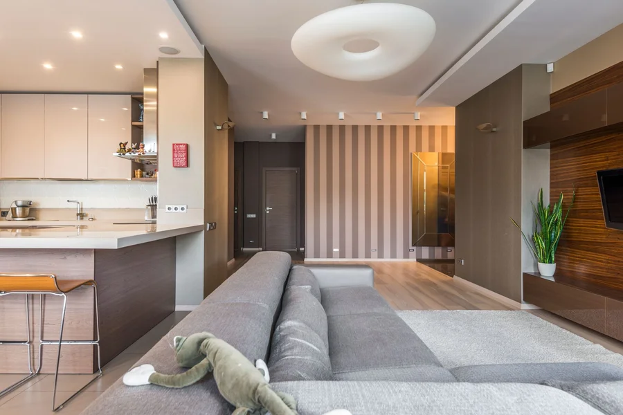 Nester Finn Financial District Guide: Suites, Amenities, and Location Modern apartment living room with open kitchen layout and hardwood floors